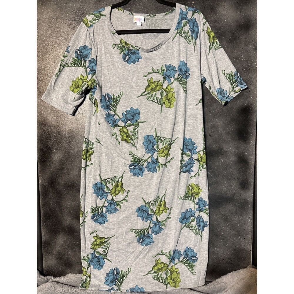 LuLaRoe 2XL Dress Blue and Green Floral on Grey Summer Femme Work Church Vacay